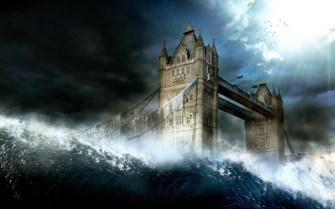 风暴期间，塔桥正沉入海浪中