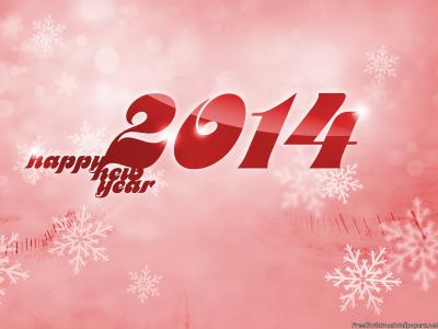 新年快乐2014年，粉红色的背景和雪花