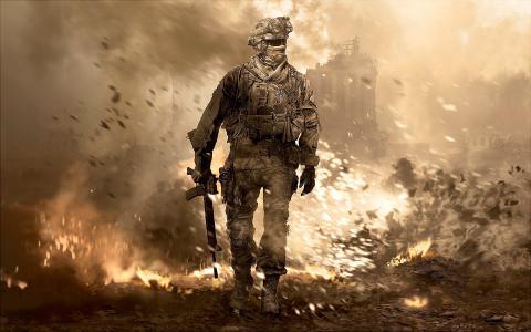 士兵在废墟的背景下，游戏使命召唤现代战争2