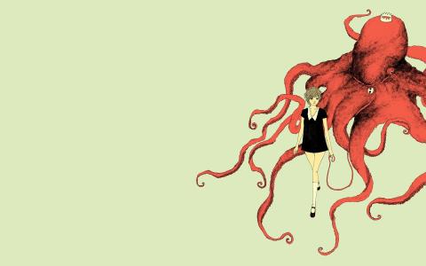 女孩和红色的章鱼，浅色背景