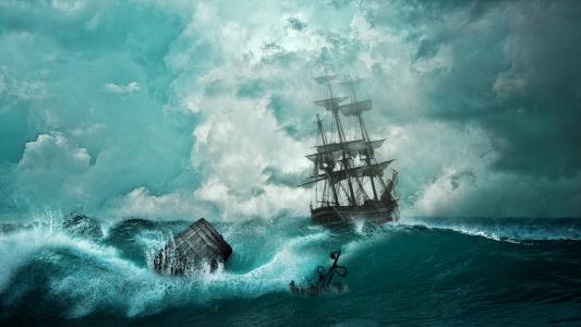 在暴风雨中，在暴风雨的海洋中的海盗船