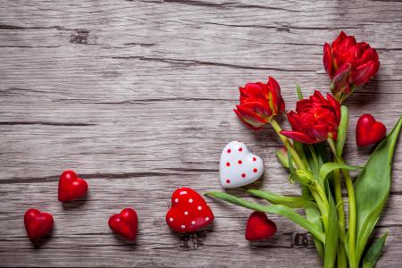 红色美丽的郁金香，用木制的表面上的心