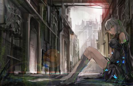 绿眼Vocaloid坐在街上的墙上