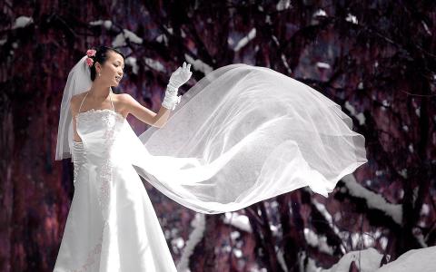 婚礼礼服的新娘在雪