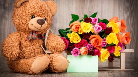 2月14日情人节的玩具熊和一束玫瑰花
