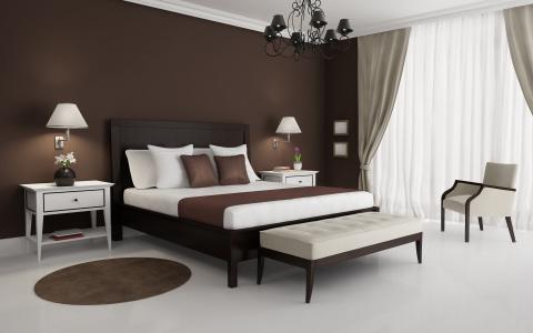 白色和棕色色调的卧室