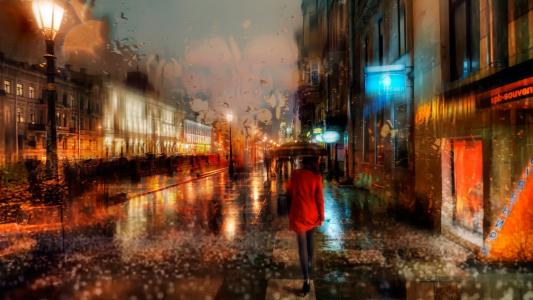 一件红色外套的女孩在雨中去