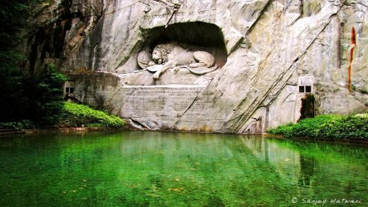 一只狮子的雕塑在水面上的