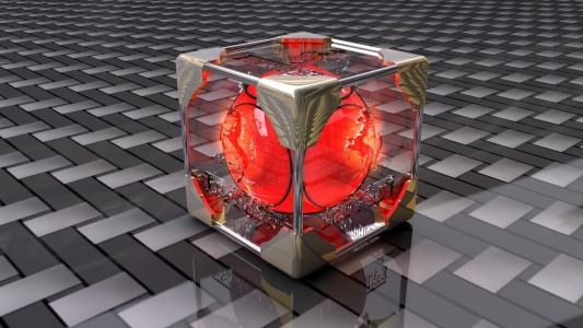 红色的球在玻璃立方体3D图形