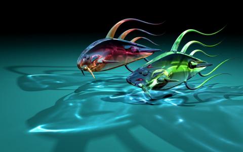两个透明的玻璃鱼3d图形