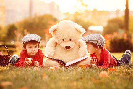 与书和小男孩的大玩具熊躺在绿草地上