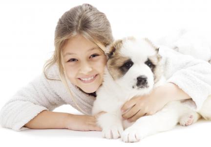 微笑与alabai小狗在白色背景上的女孩