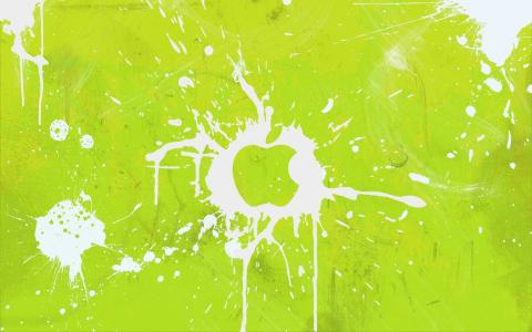 苹果公司徽标，在绿色背景上溅起