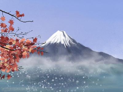 秋季富士山艺术手绘
