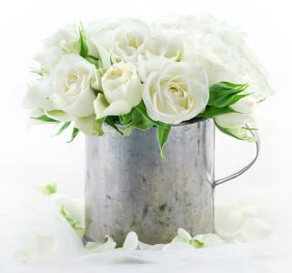 白玫瑰花束在白色背景上的铁杯