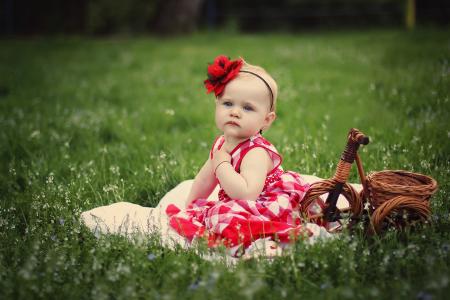 她头上的一朵红花的漂亮小女孩坐在绿色的草地上