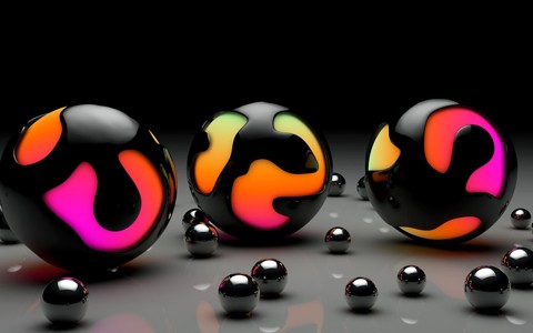 3D三个大球和一群小黑球