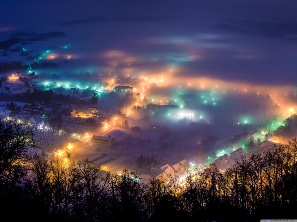 雪，克罗地亚，冬天的夜晚，火灾，雾