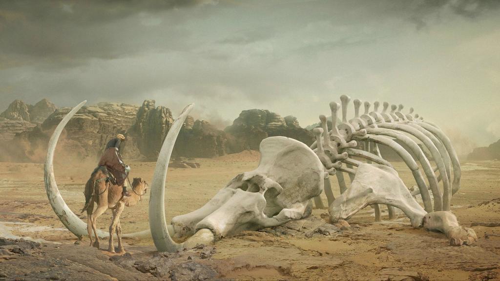 在沙漠中的猛犸象骨架