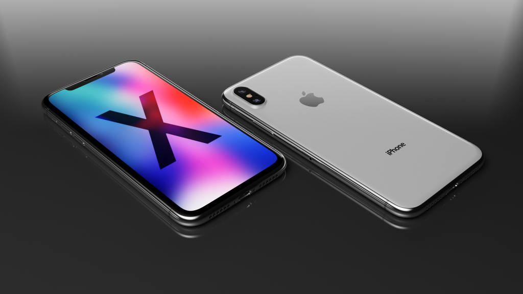 新的智能手机iPhone X在灰色的背景上