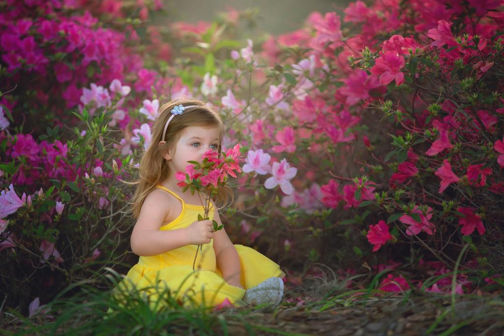 一个穿着黄色连衣裙的小女孩正坐在粉红色的花朵旁边