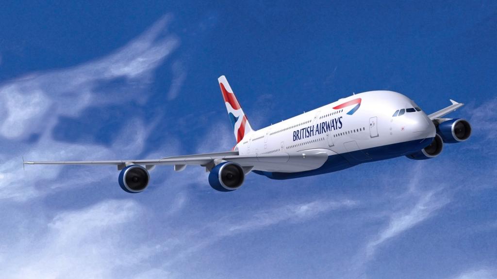 在蓝天背景的空中客车A380英国航空