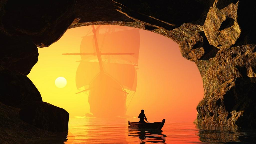 日落船在山洞里