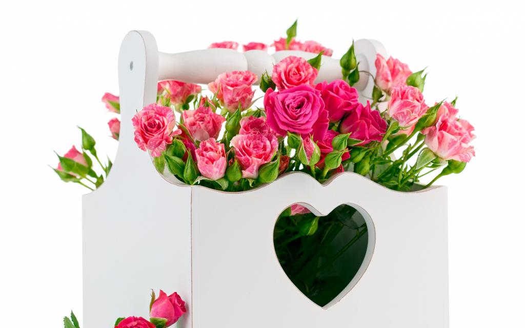 在一个白色的篮子里的粉红玫瑰与心