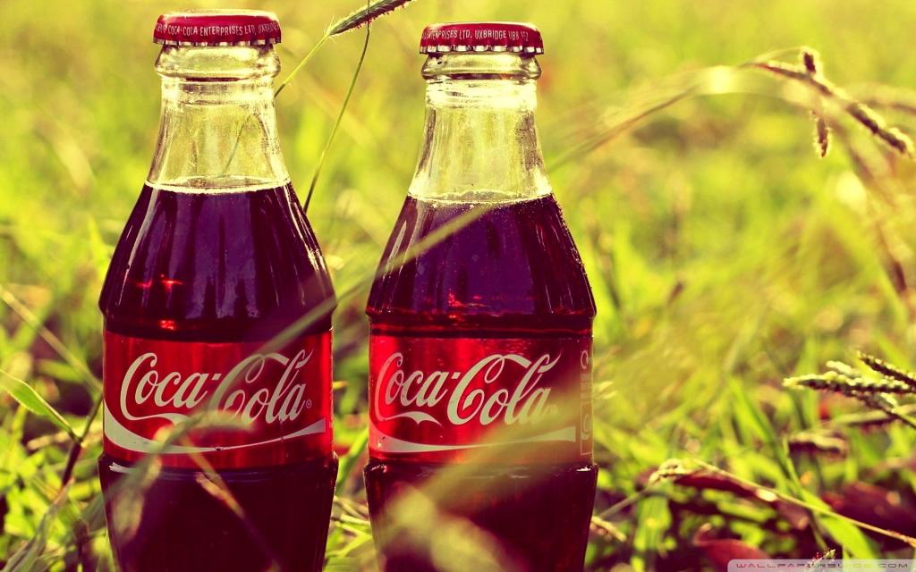 两瓶可口可乐在草地上