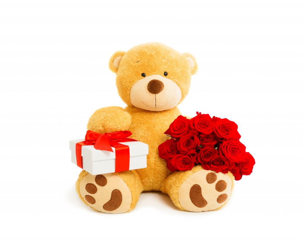 毛绒熊与一束红玫瑰和礼物