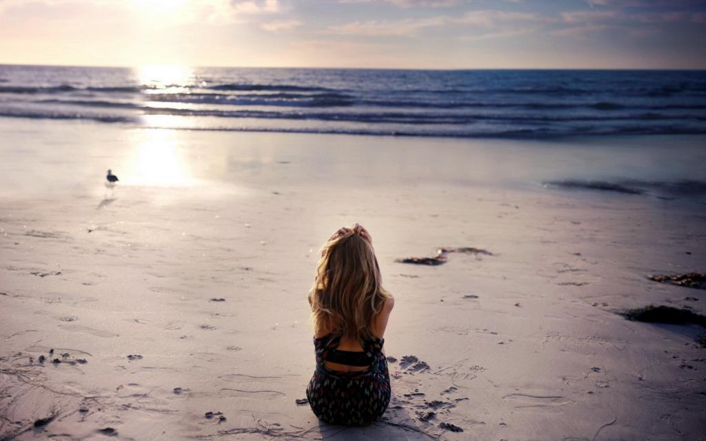 一个女孩坐在沙滩上，看着一只鸟