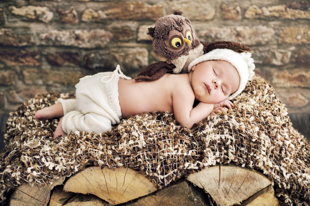 一只婴儿宝宝睡在猫头鹰玩具旁边