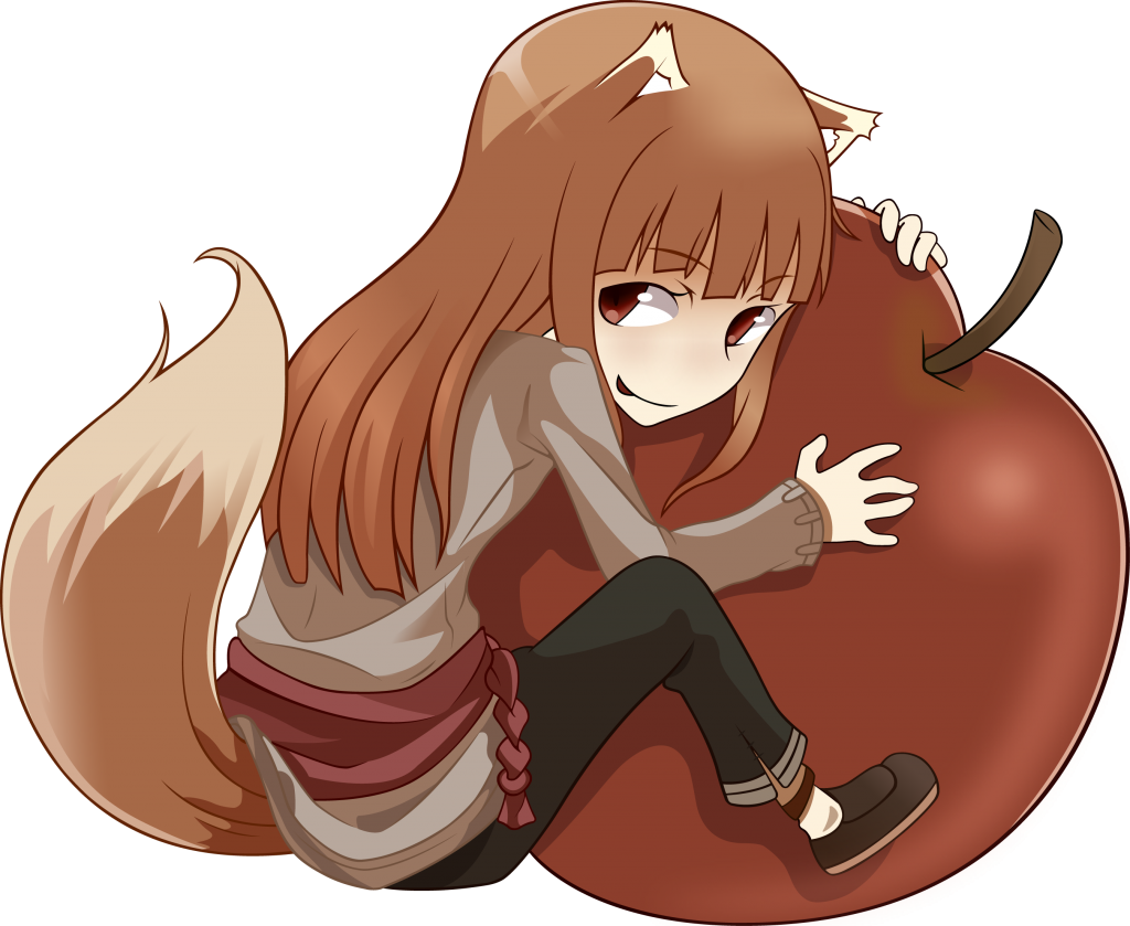 女孩在动漫中拥抱一个苹果狼和香料