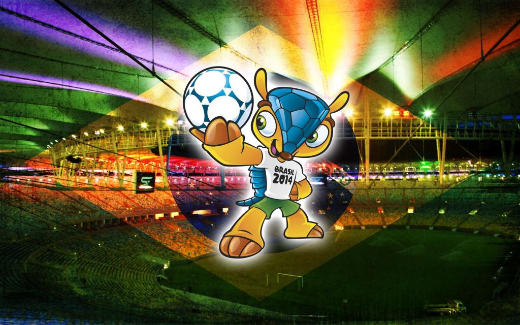 2014年巴西世界杯的吉祥物以体育场为背景
