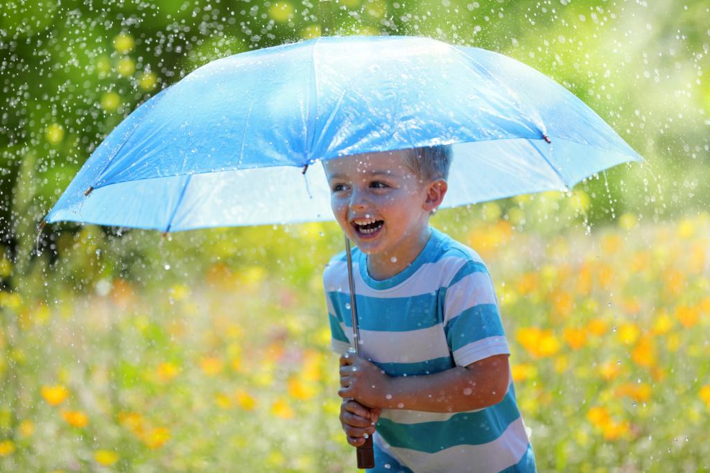 有一把蓝色雨伞的小微笑的男孩在雨中