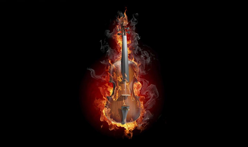 在黑色背景上的火焰火小提琴