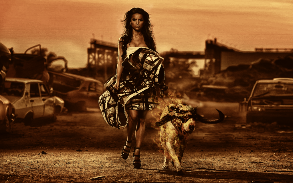 一条狗的废墟的背景上的女人