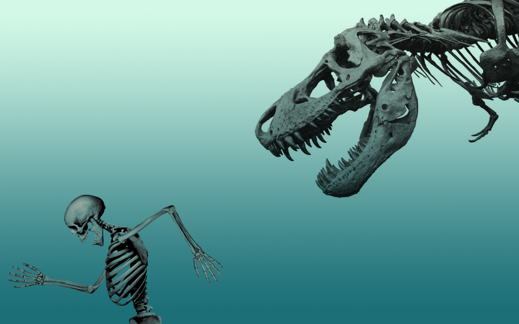 恐龙的骨骼正在追逐人类的骨骼