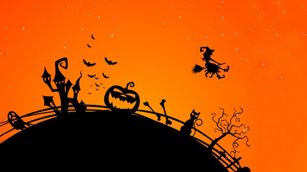 黑色的南瓜，城堡和橙色背景上的飞行女巫假日万圣节