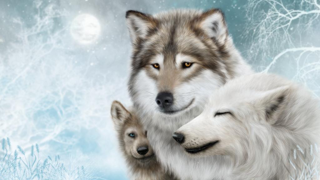 三头狼在冬天的家庭，绘图