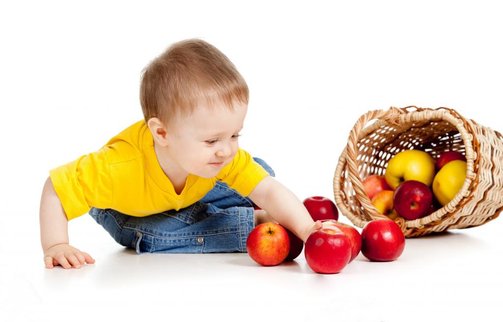 一篮子成熟的苹果，在白色背景上的小男孩