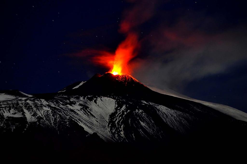 活火山埃特纳火山在晚上