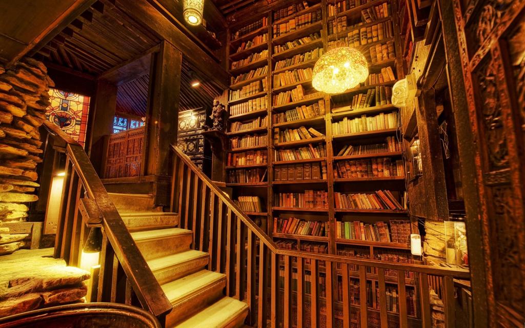 一个木制图书馆建筑的内部