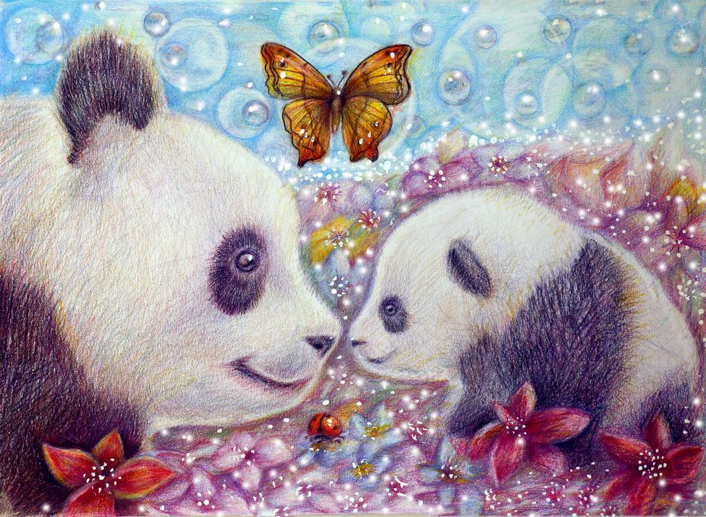 大熊猫与小熊和蝴蝶