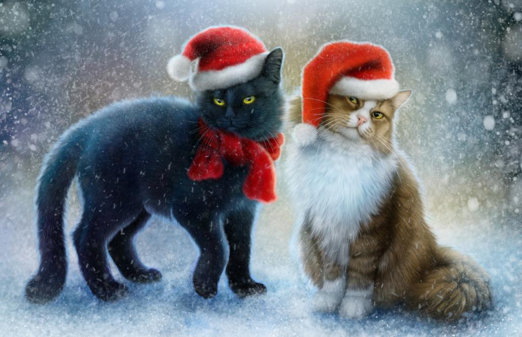 在雪地上的新年帽子上画两只猫