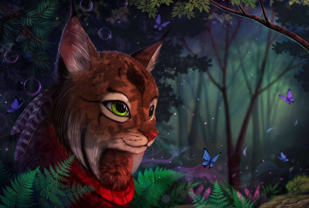 神奇的魔法山猫在森林里与蝴蝶