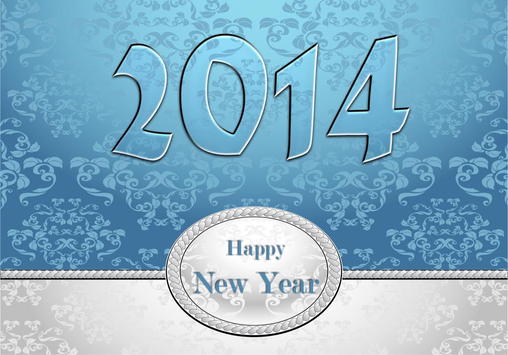 新年快乐2014年，蓝色和白色的颜色