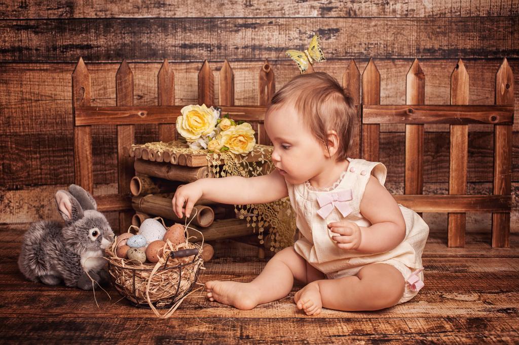 一篮子鸡蛋和毛绒野兔的小女孩
