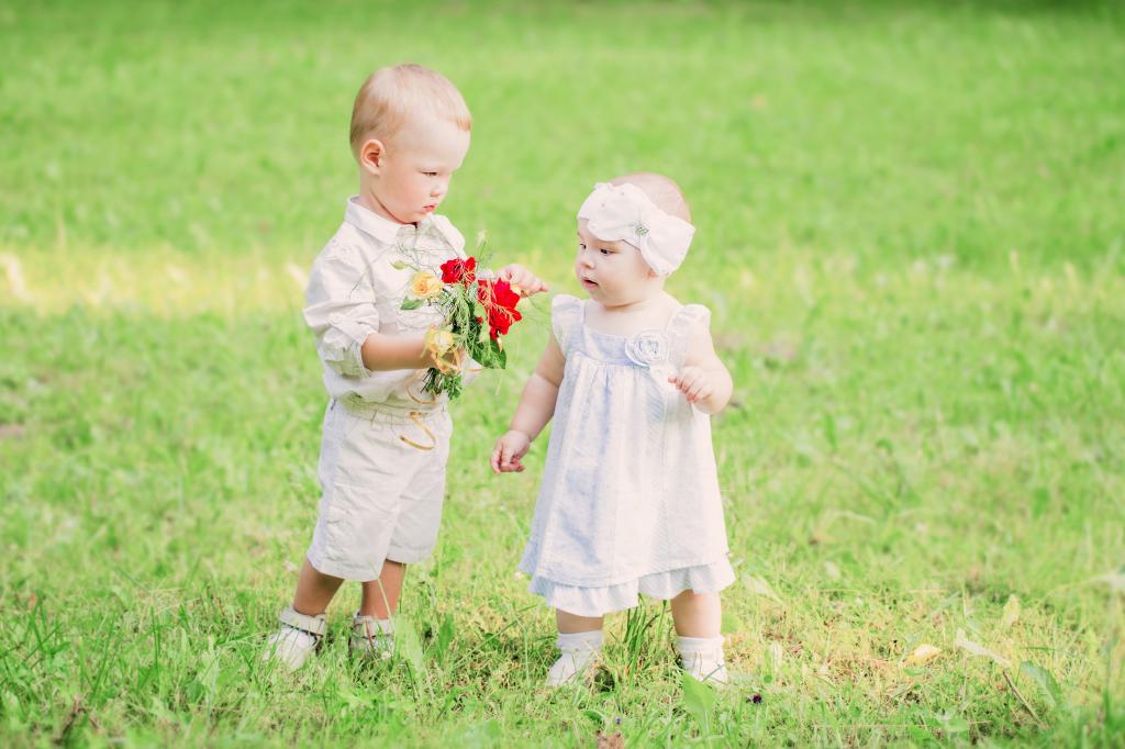 一个小男孩给一个女孩一束野花