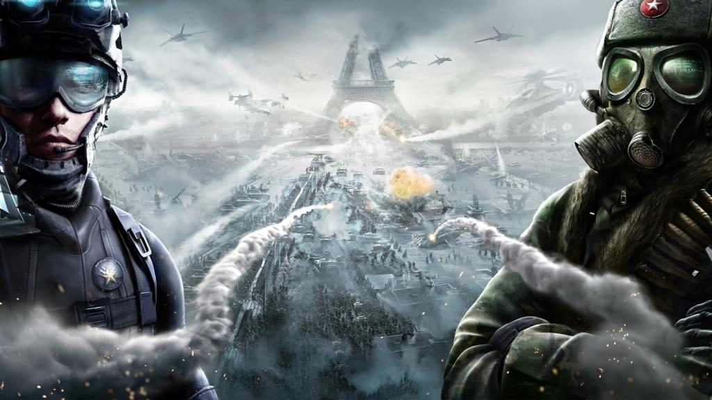 在游戏汤姆·克兰西在网上结束战争在巴黎的废墟的背景中的士兵